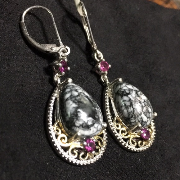 925 silver marked teardrop black agate amethyst hinged back pierced earrings new - Picture 15 of 17